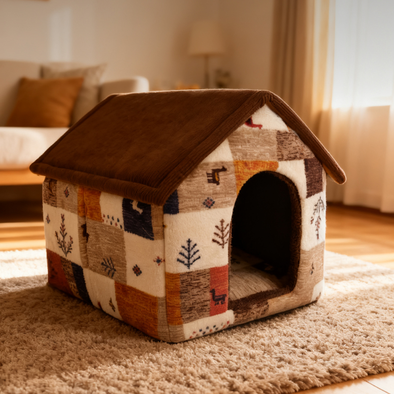 法兰绒房型狗窝-拼色款