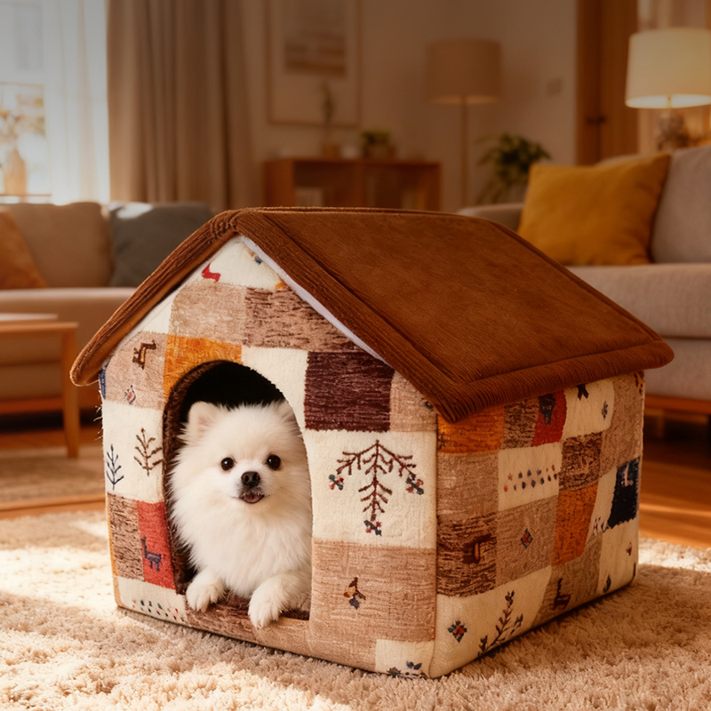 法兰绒房型狗窝-拼色款