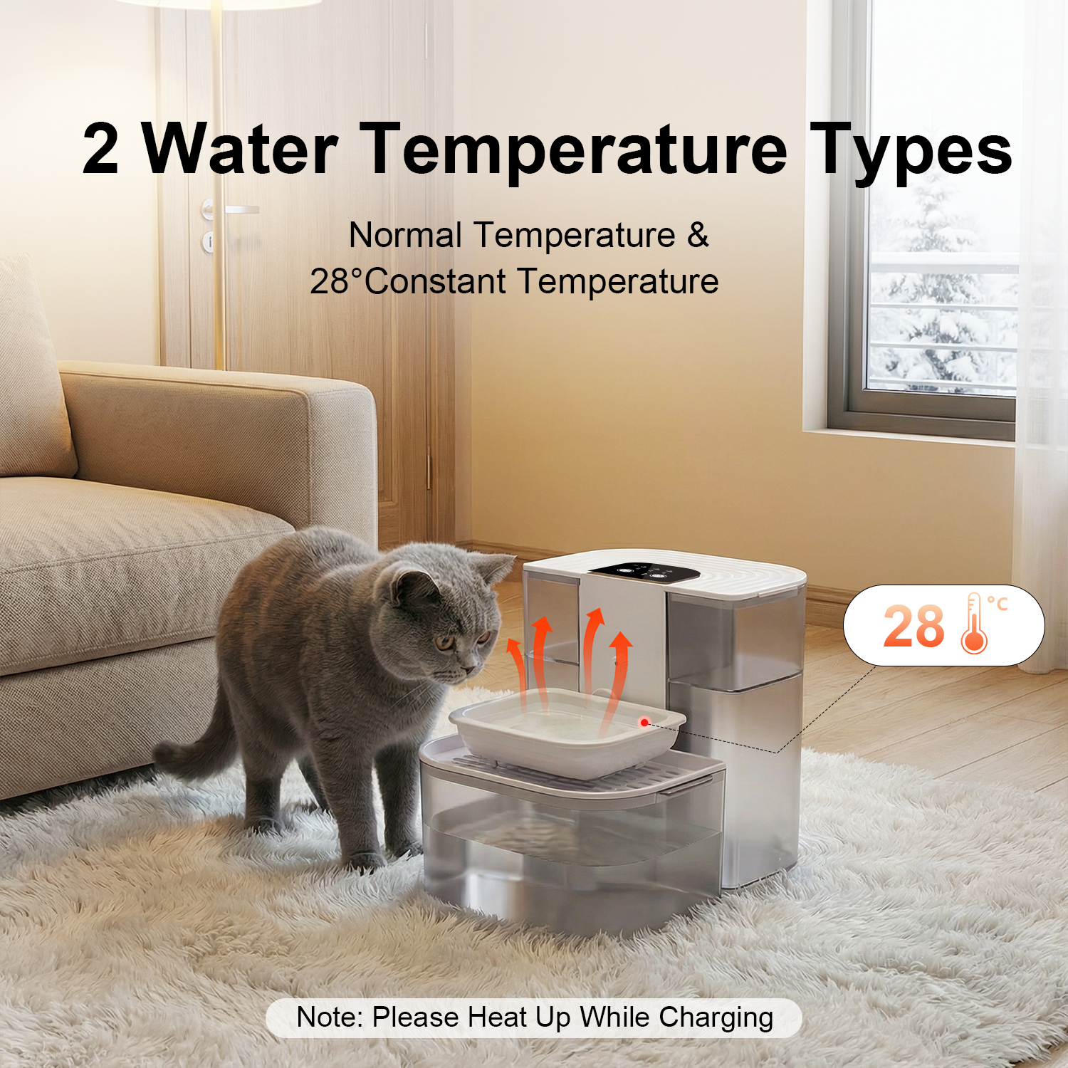 猫用饮水机、宠物猫狗饮水机、陶瓷水碗（加热）、4.5L+2升双舱污水分离系统、自动定时换水、无过滤器、超静音