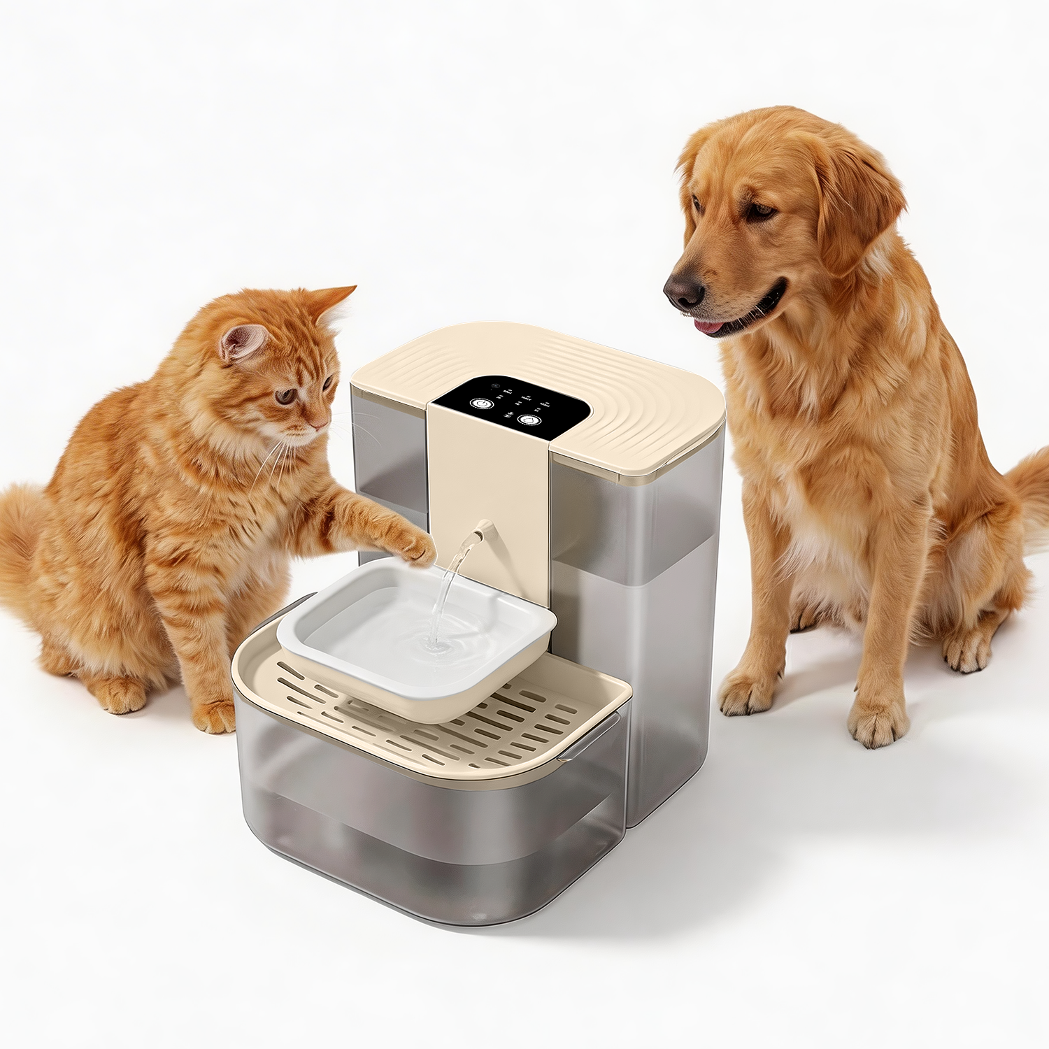 猫用饮水机、宠物猫狗饮水机、陶瓷水碗（加热）、4.5L+2升双舱污水分离系统、自动定时换水、无过滤器、超静音