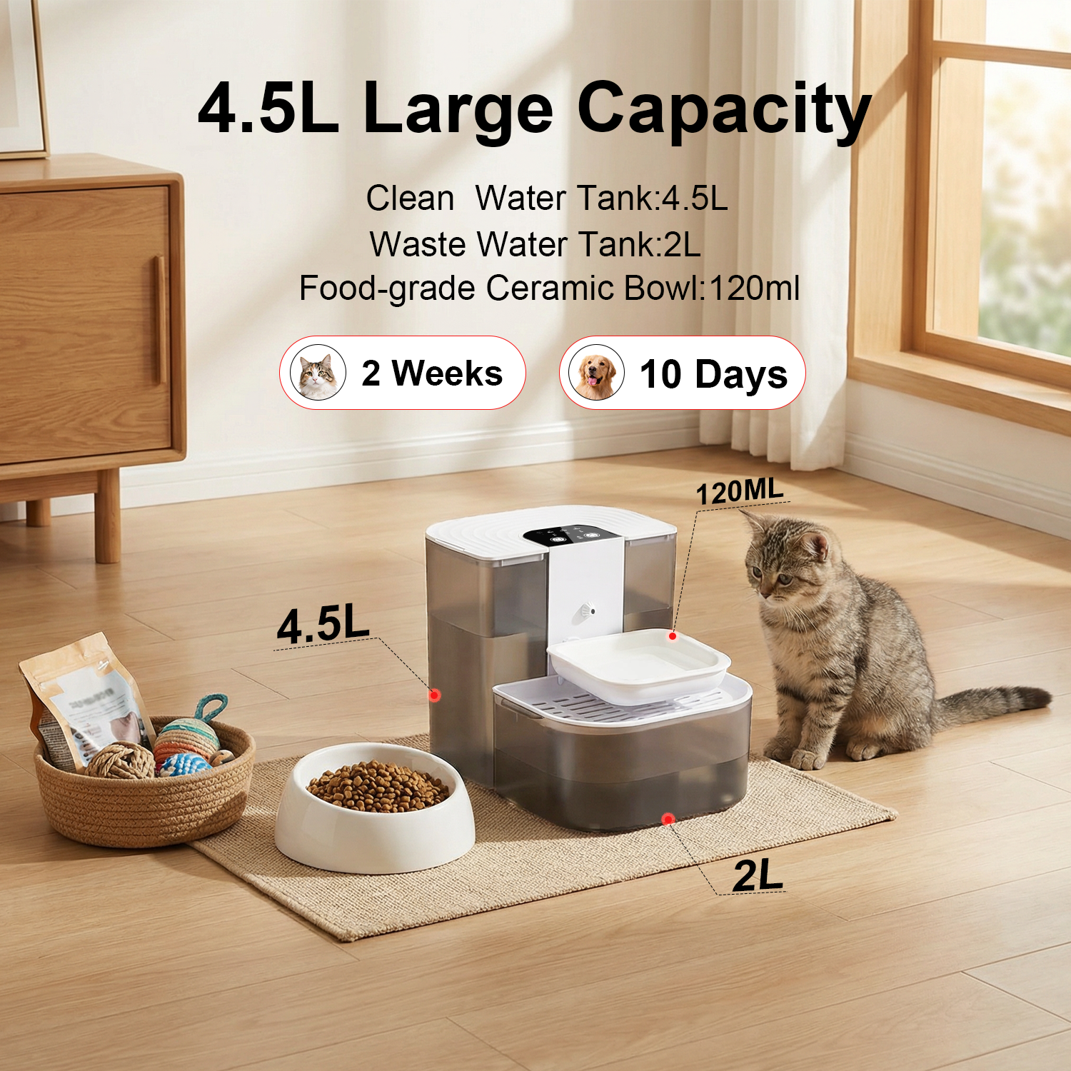 猫用饮水机、宠物猫狗饮水机、陶瓷水碗（加热）、4.5L+2升双舱污水分离系统、自动定时换水、无过滤器、超静音